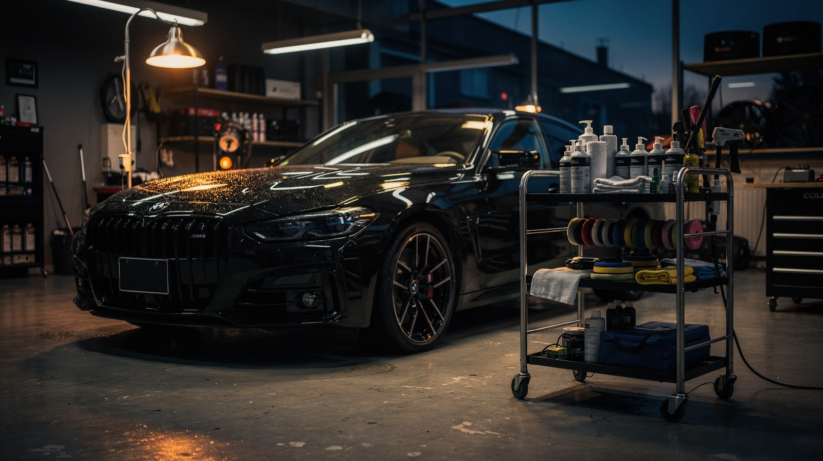 Professional car detailing workshop at dusk with warm lighting illuminating a freshly coated black sedan and organized detailing tools