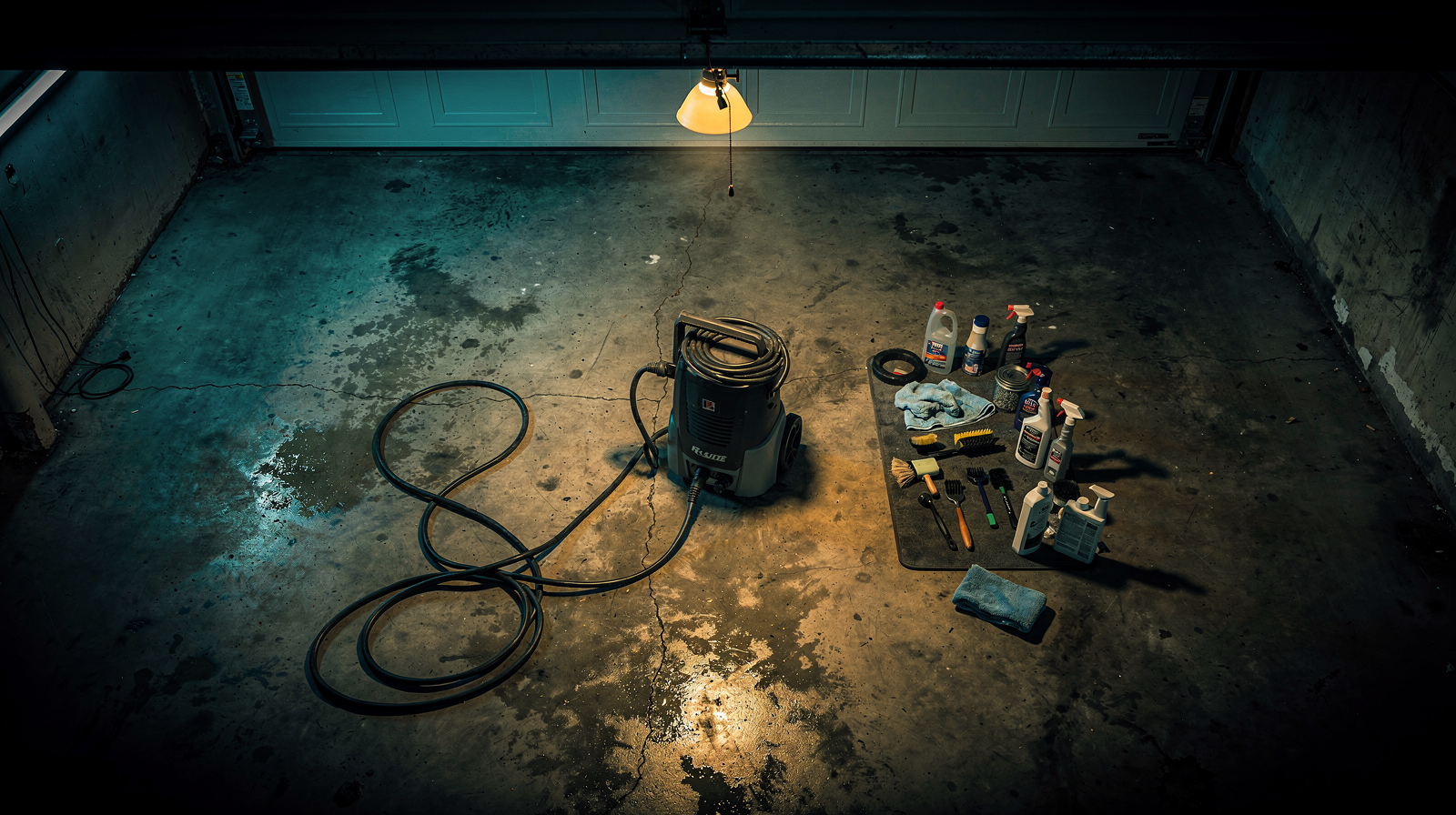 Dimly lit car detailing garage workshop at night with scattered equipment and a single overhead work light casting dramatic shadows