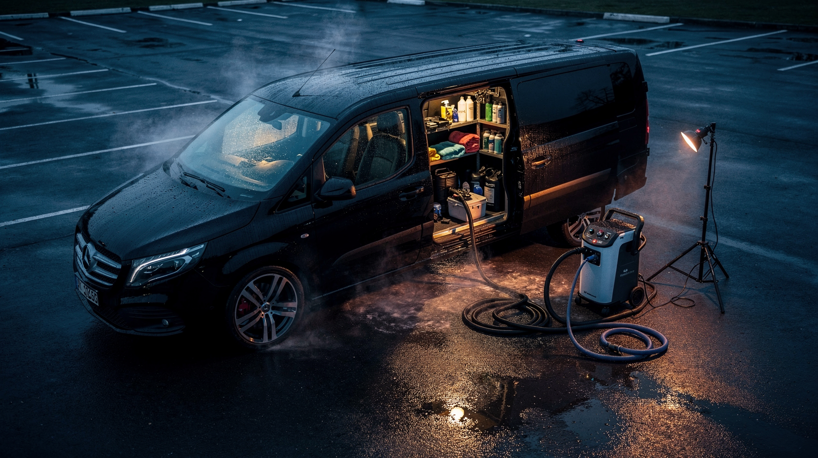 Professional mobile car detailing setup at dawn with steam rising from a freshly detailed dark vehicle, moody cinematic lighting
