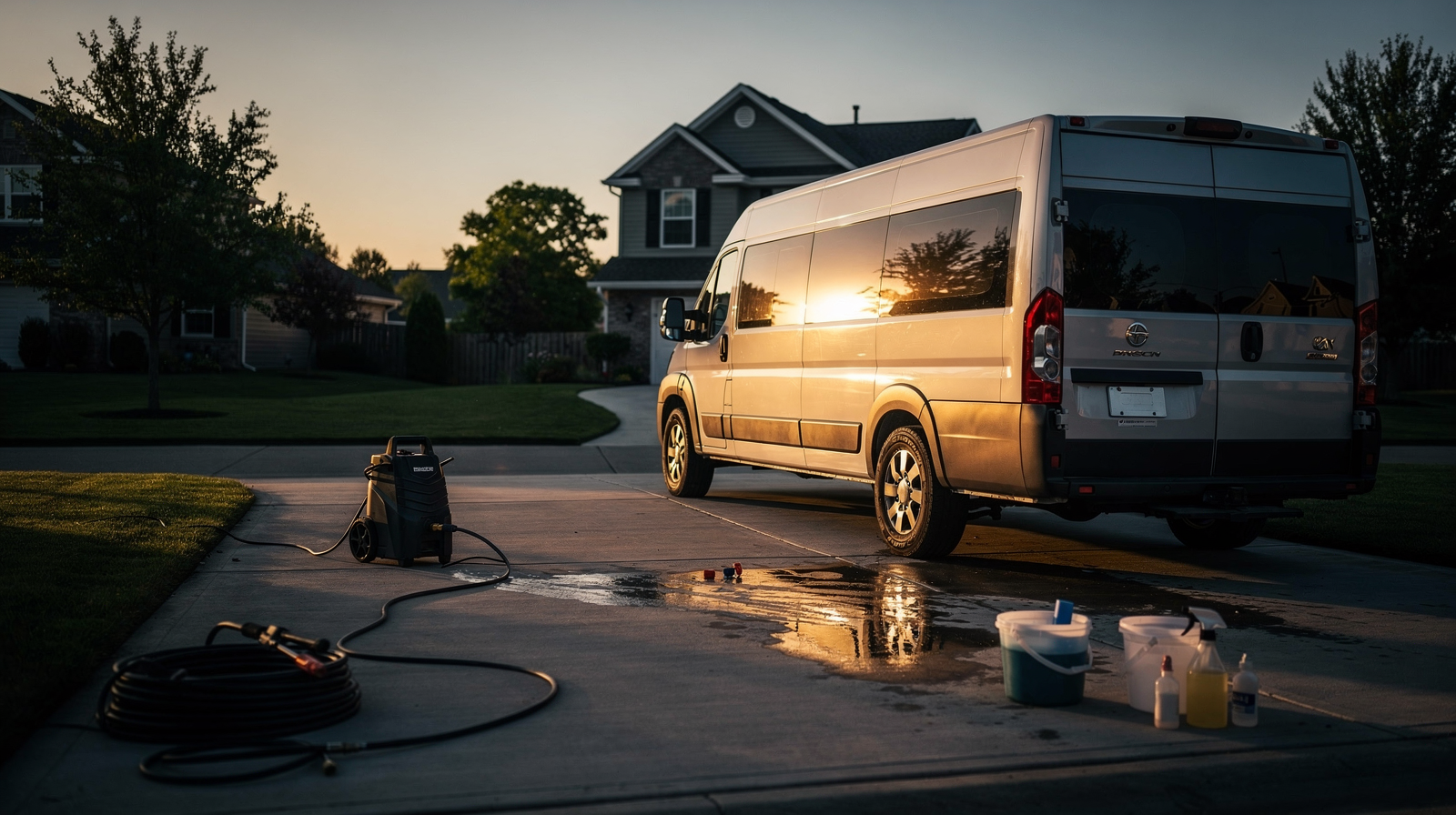 Mobile car detailing van parked in a suburban driveway at golden hour with detailing equipment on the ground, representing a real mobile detailing business pipeline