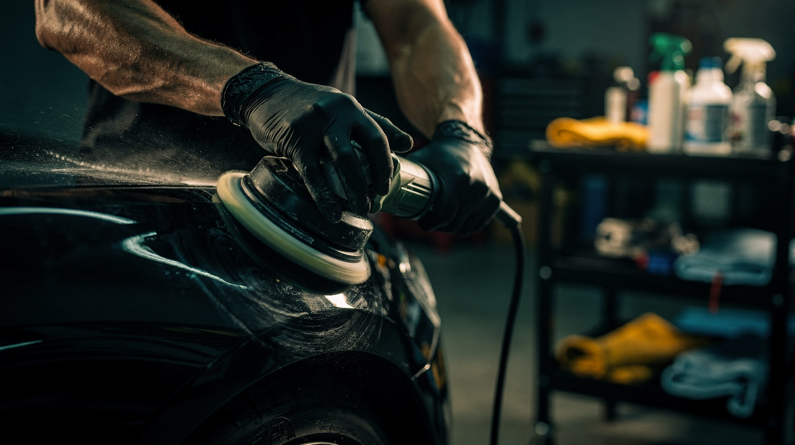 Professional car detailer holding polishing machine in moody garage lighting, representing premium detailing pricing