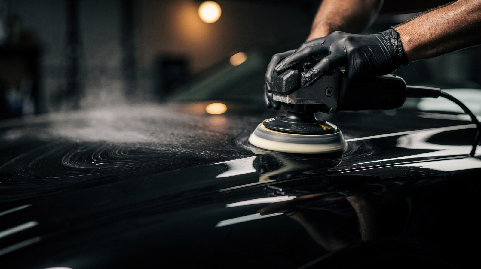 Professional car detailer polishing a dark vehicle hood in a moody garage setting, representing premium detailing service pricing