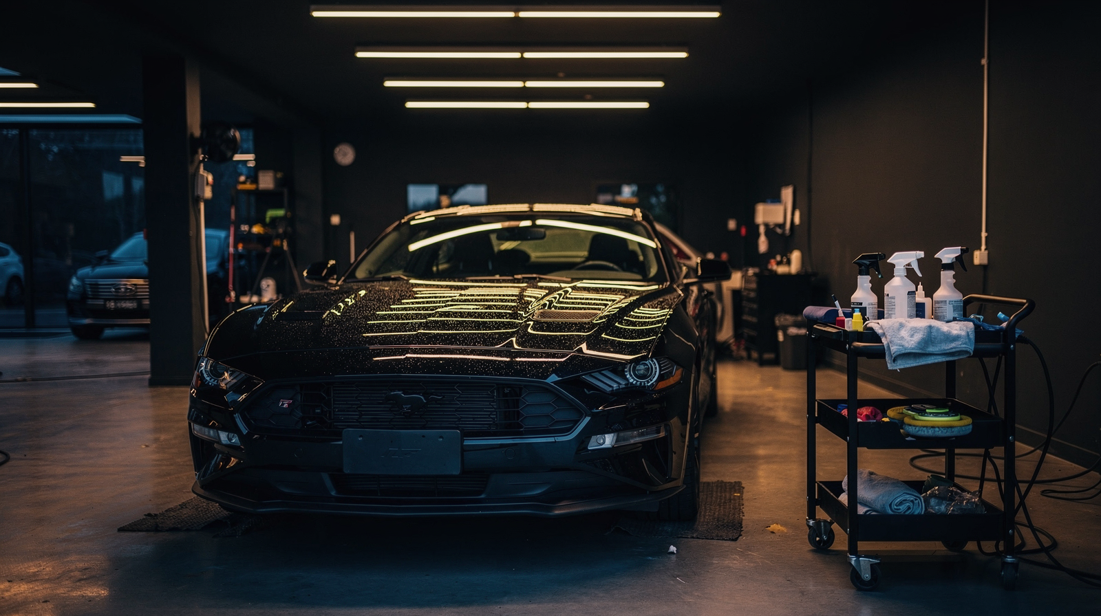 Professional car detailing garage at dusk with moody lighting reflecting off a freshly detailed black sedan, equipment neatly arranged, dark cinematic palette
