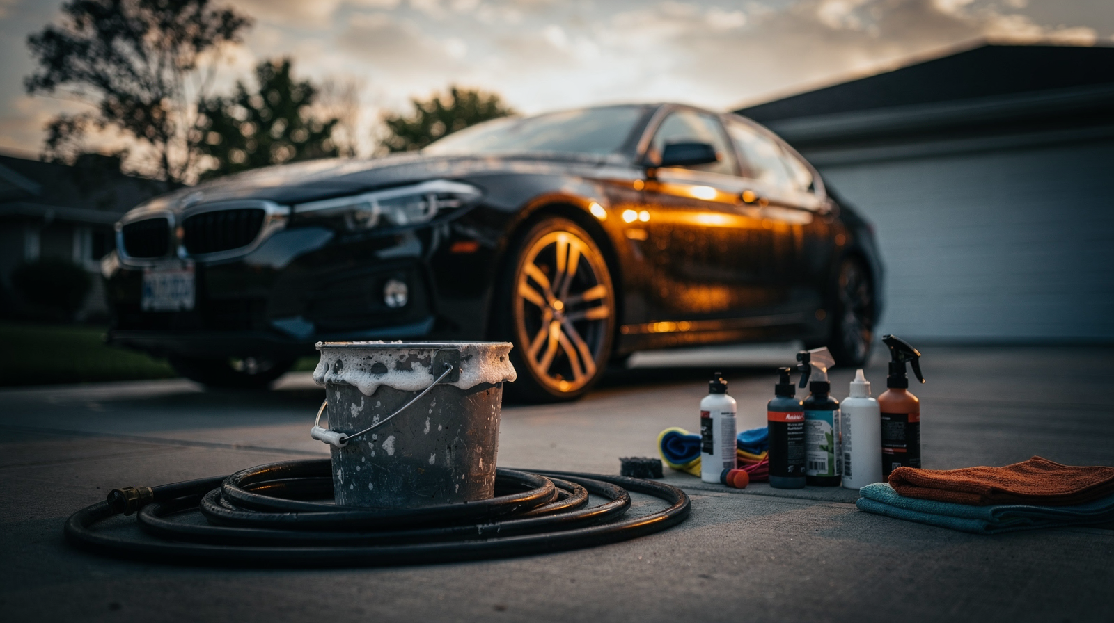 Mobile car detailing setup in a suburban driveway at golden hour showing hose, bucket, and supplies ready for a client appointment