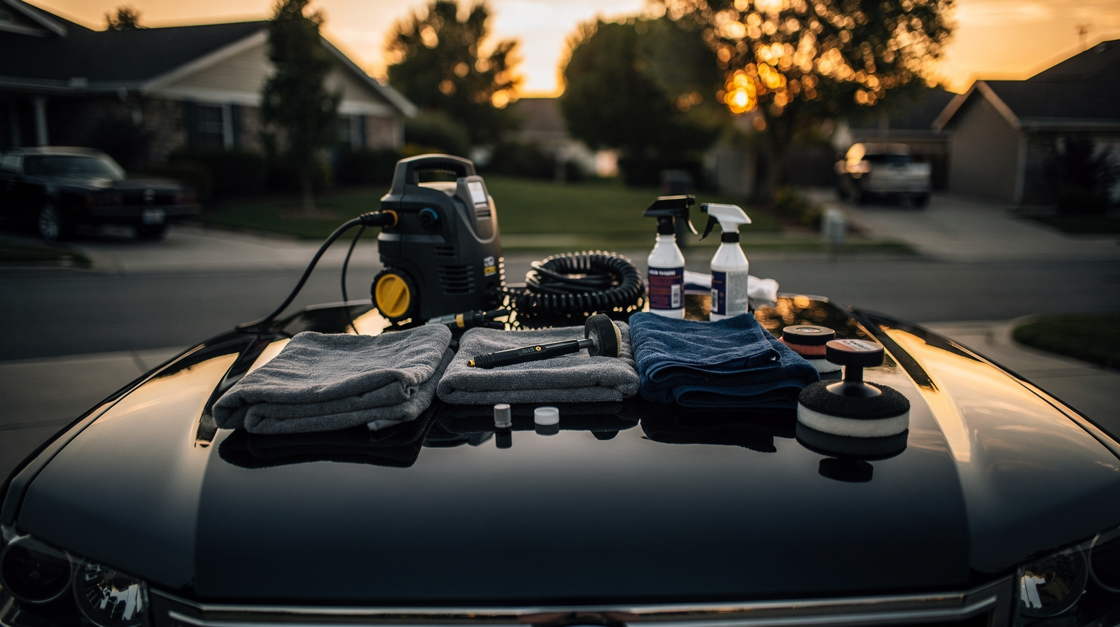 Mobile car detailing setup on a suburban driveway at golden hour with pressure washer and microfiber towels on a dark vehicle hood