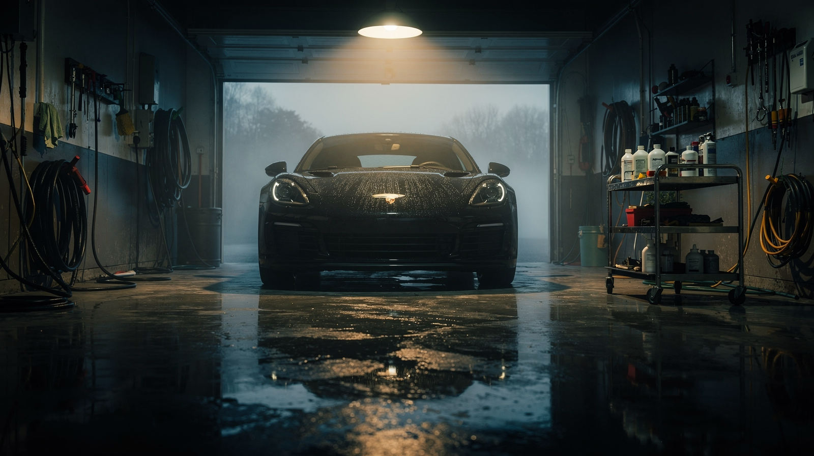 Dark moody car detailing garage at dawn with a freshly polished vehicle under a single work light, representing the 5-Gear Growth System approach to scaling a detailing business