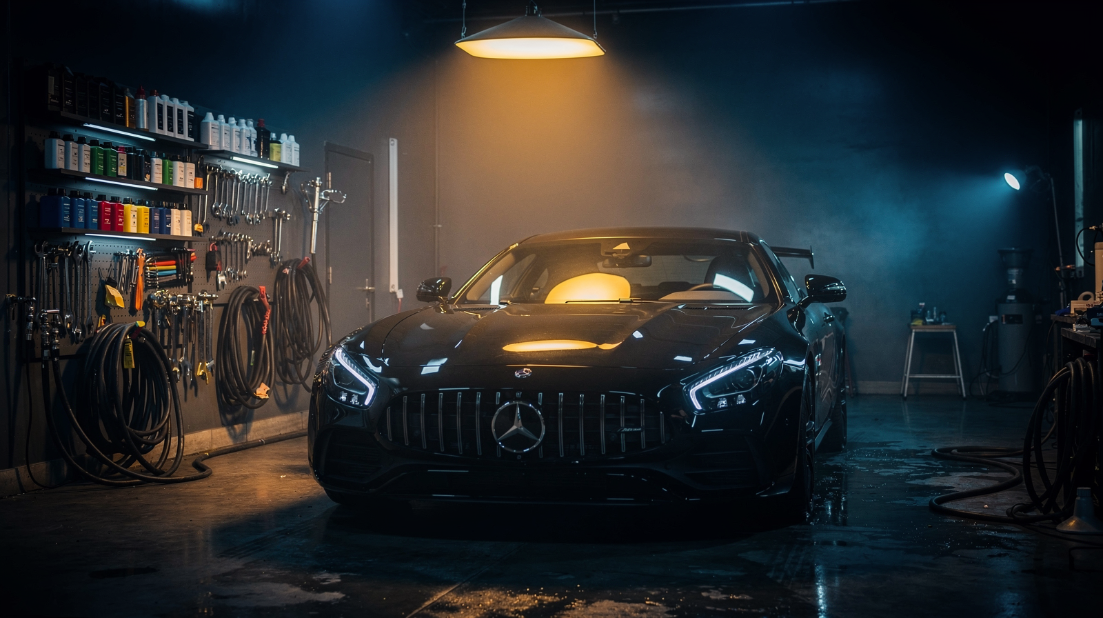 Dark moody professional car detailing workshop at night with a ceramic-coated vehicle reflecting warm amber light under overhead lamp