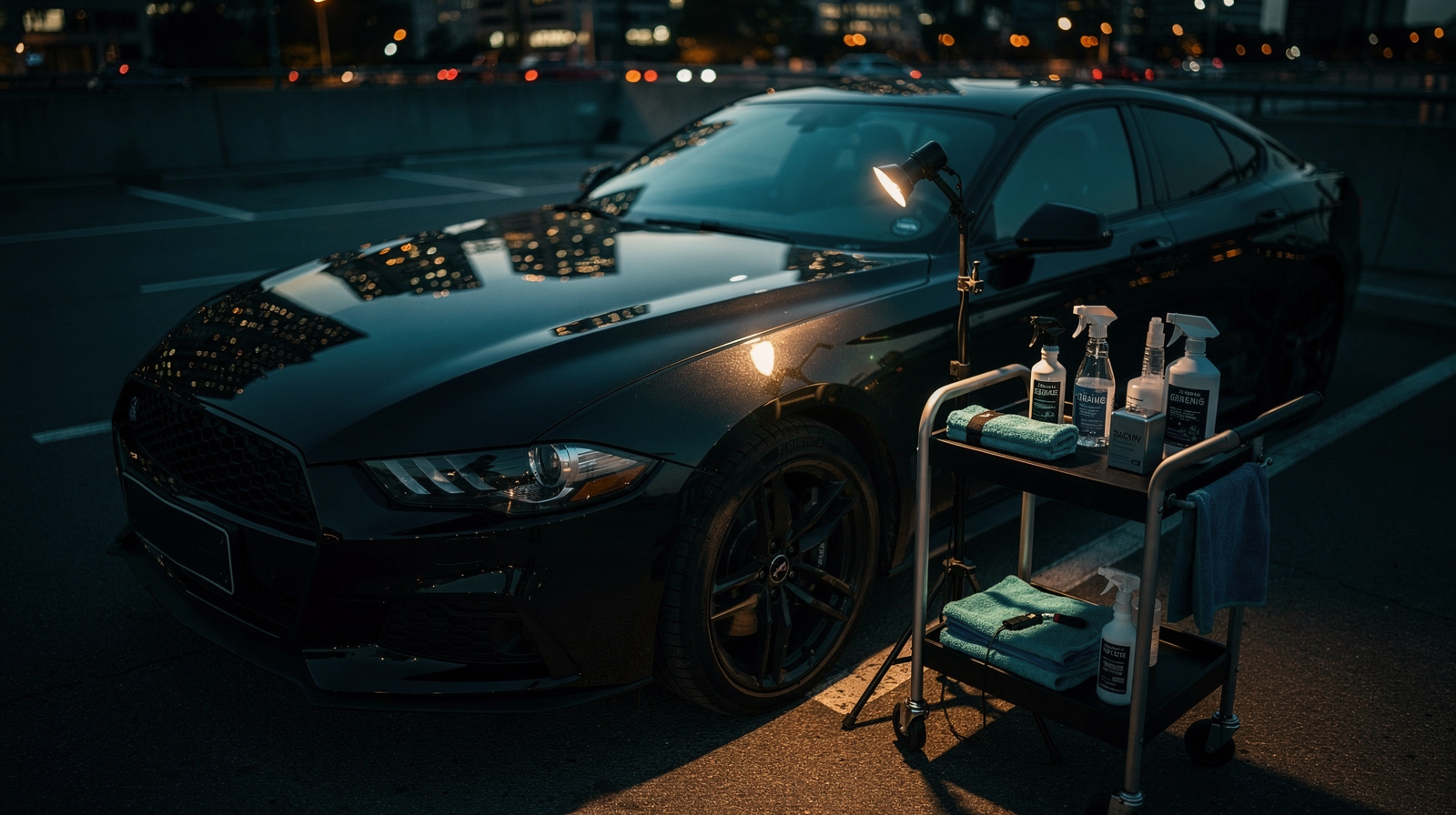 Professional car detailing setup at dusk with ceramic coating products and freshly polished black sedan reflecting city lights in moody dark tones