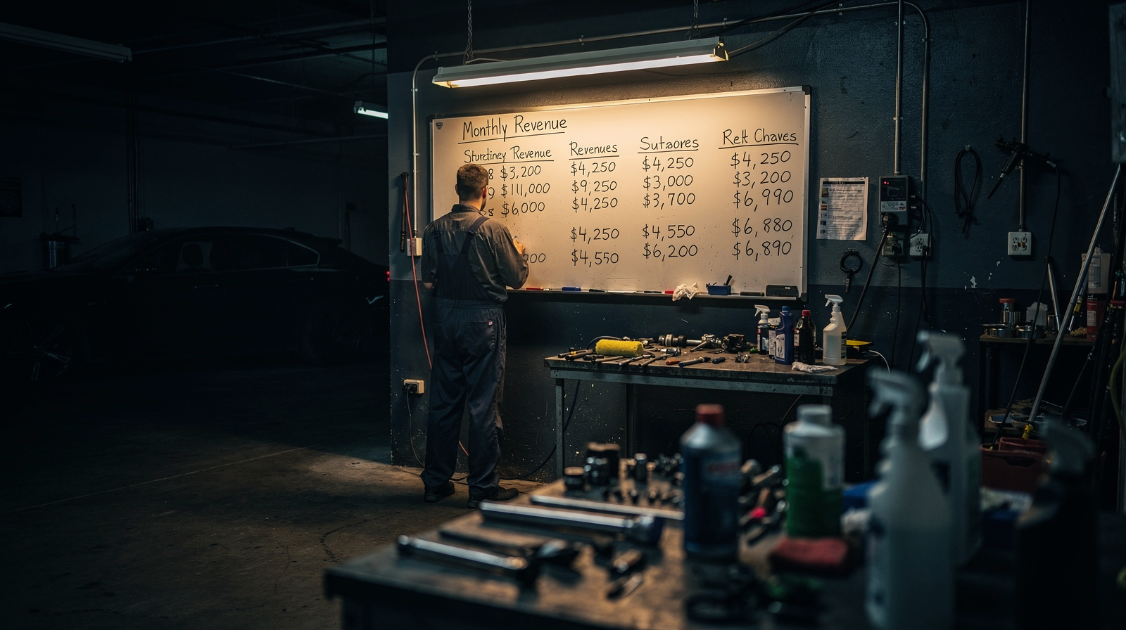 Car detailer in a moody garage environment reviewing business numbers on a whiteboard, representing the $10k ceiling plateau most detailing businesses face