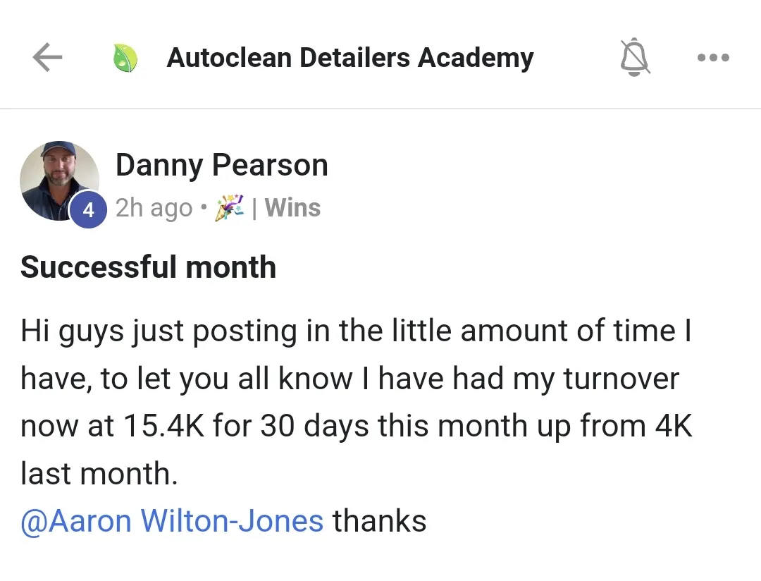 Skool post screenshot showing Danny Pearson's $15,400 single-month revenue from his car detailing business, up from $4K the previous month.