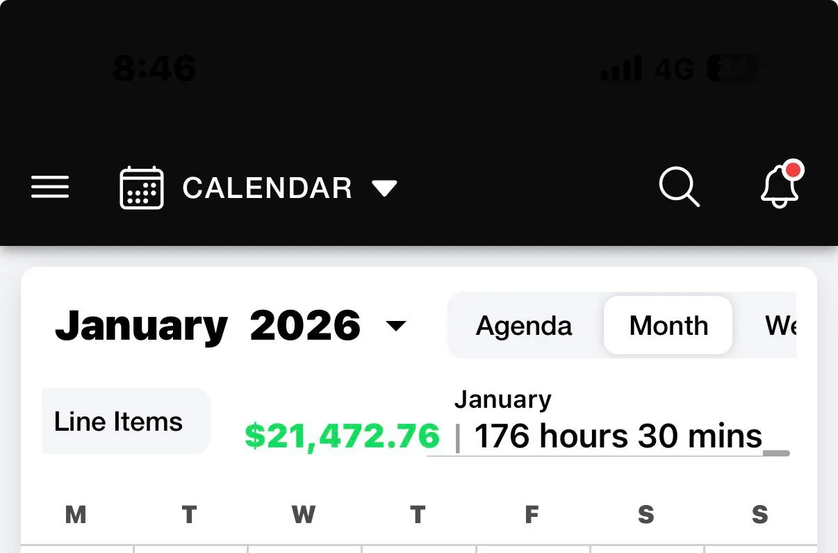 Screenshot of a calendar app showing January 2026: $21,472.76 in revenue and 176 hours 30 mins of work logged by Academy member Leroy Pertab.