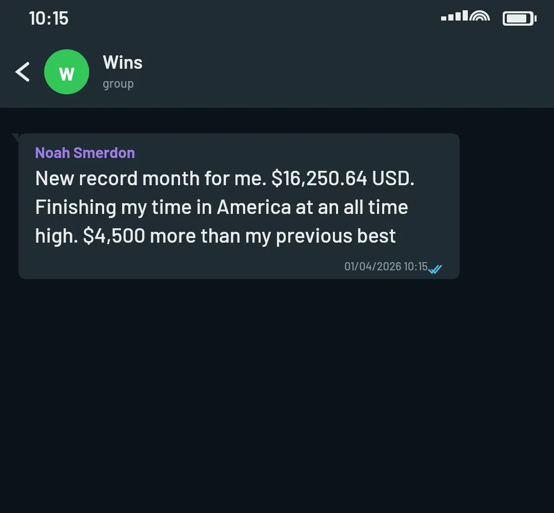 WhatsApp screenshot showing Noah Smerdon's $16,250.64 single-month revenue from his car detailing business - a new record month.